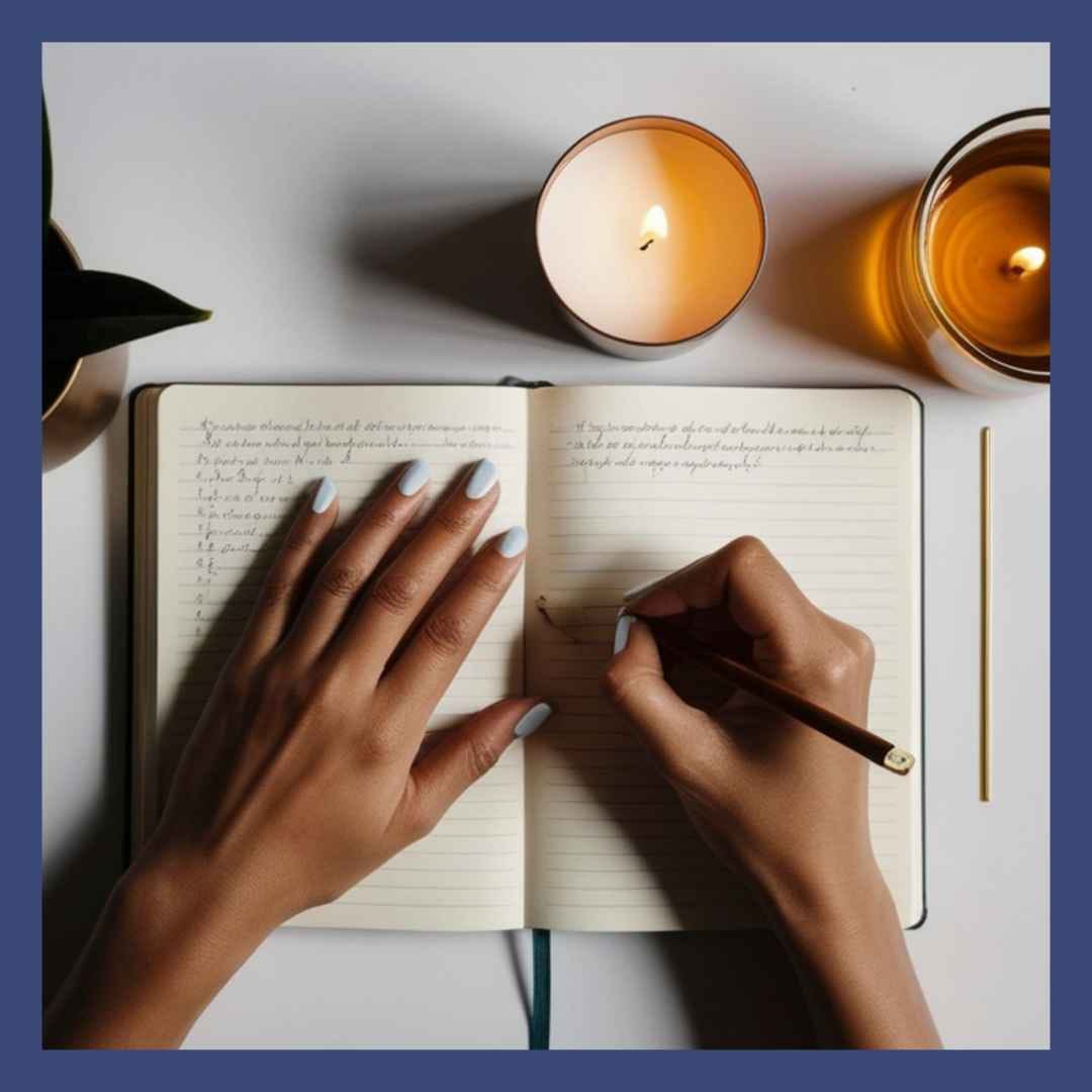 Hand writing affirmations with a pen in a book